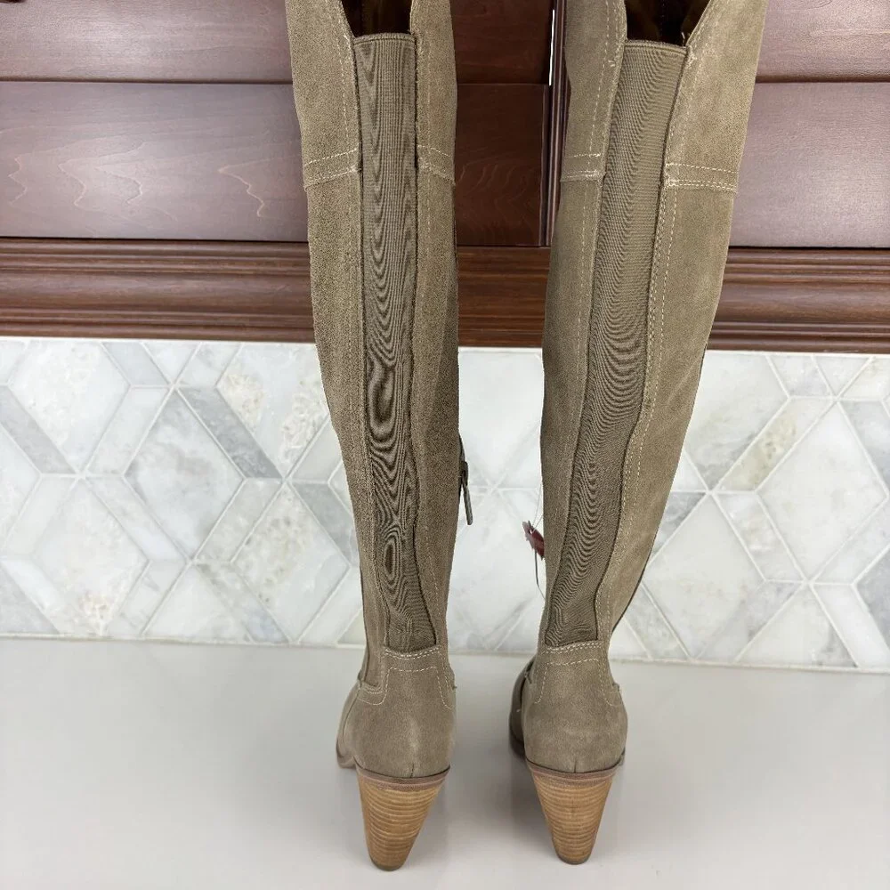 6M Taupe Knee High Boot Cuban Block Heel Pointed Toe Suede Waterproof Windie